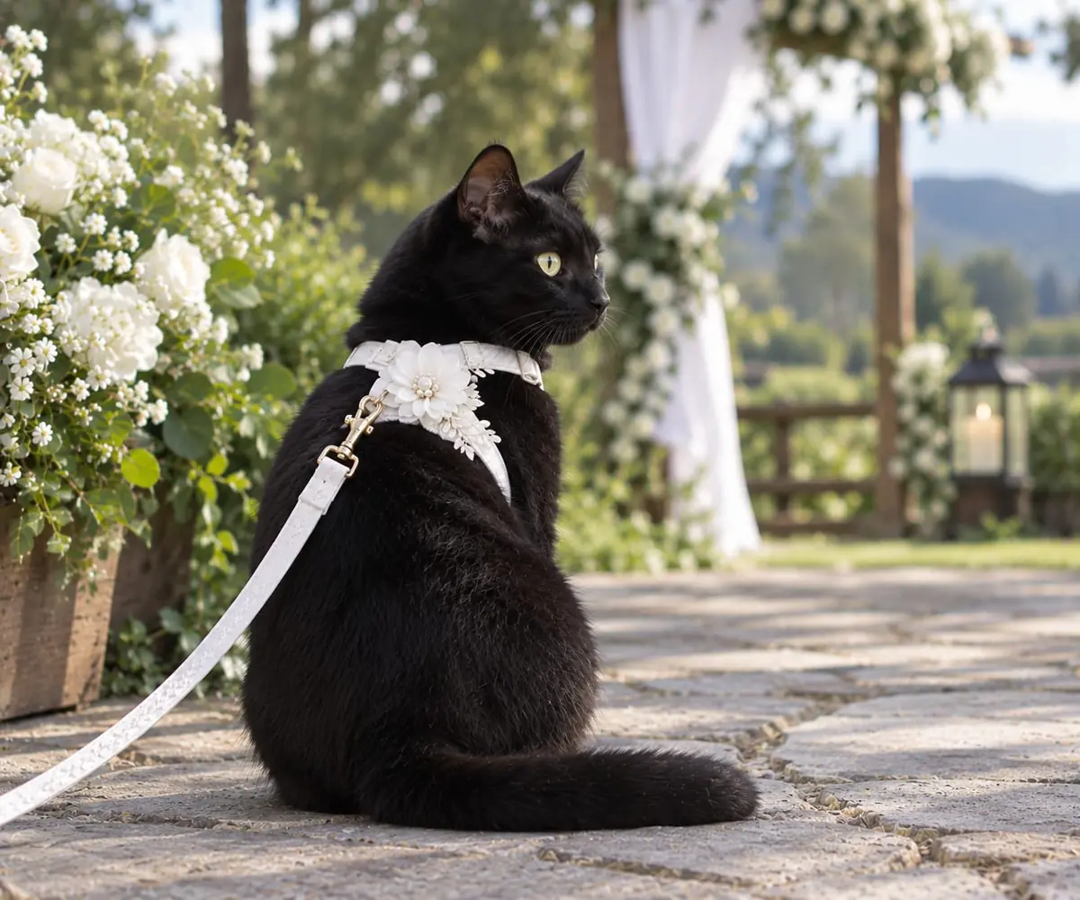 A black cat wearing a delicate lace collar beside a floral wedding arch