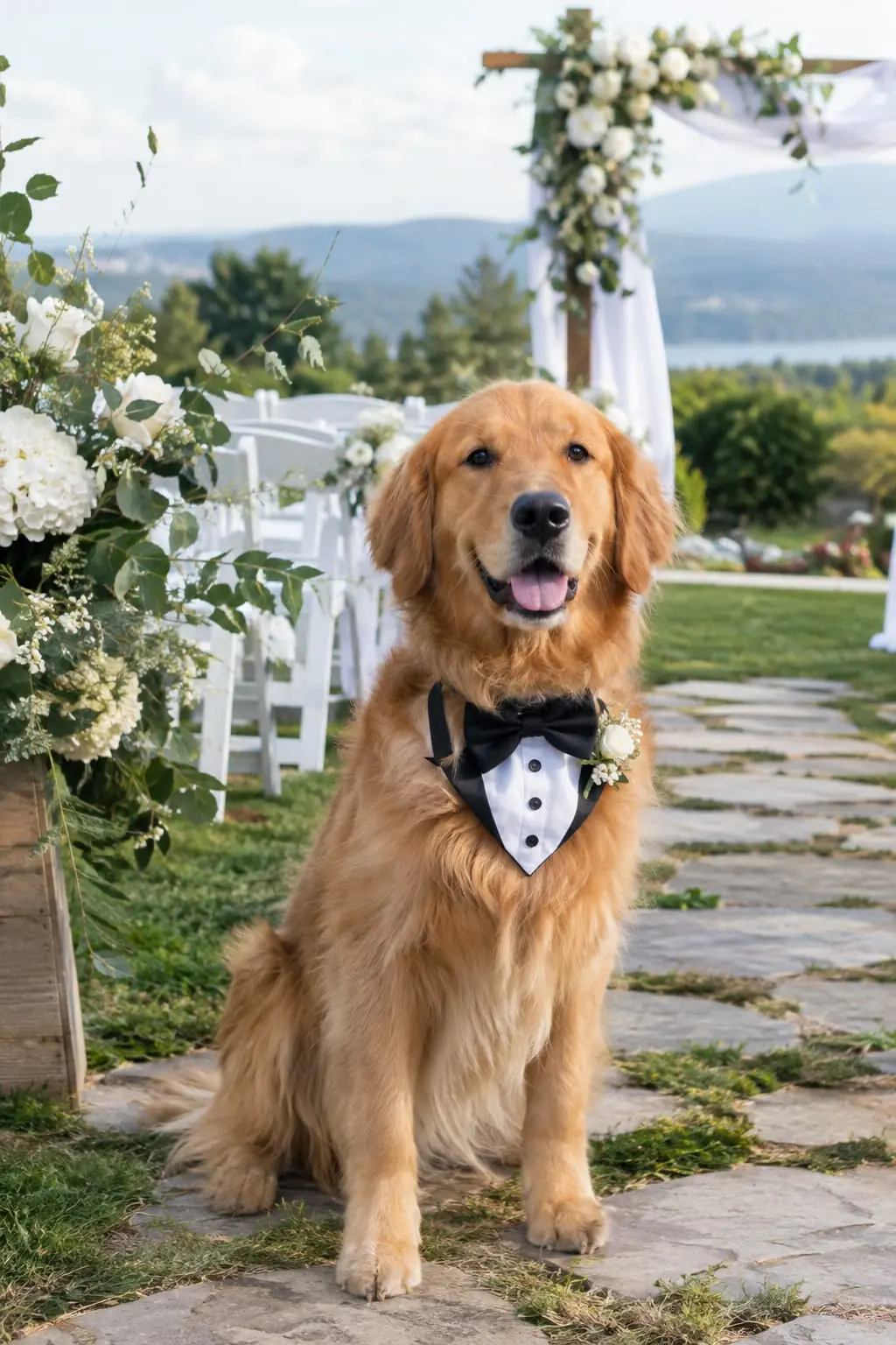 A golden retriever wearing a smart tuxedo bow tie at a flower lined wedding ceremony